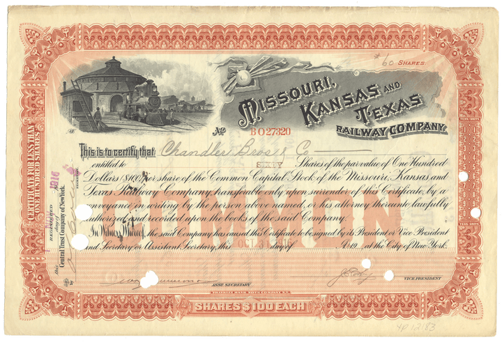 Missouri, Kansas and Texas Railway Company Stock Certificate