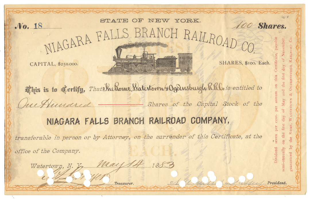 Vintage stock certificate for Niagara Falls Branch Railroad Company with a locomotive illustration.
