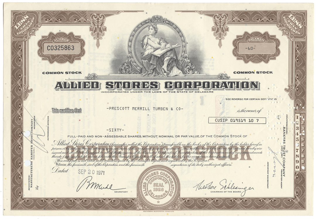 Vintage Allied Stores Corporation stock certificate with decorative elements.