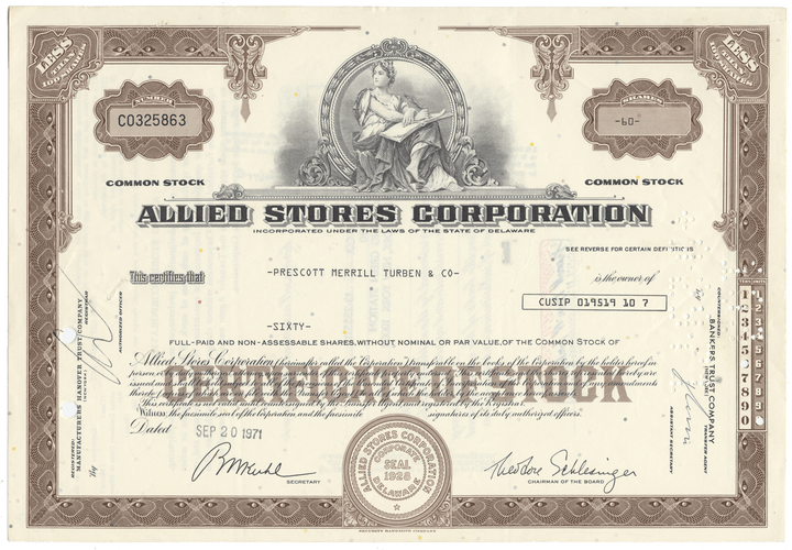 Vintage Allied Stores Corporation stock certificate with decorative elements.