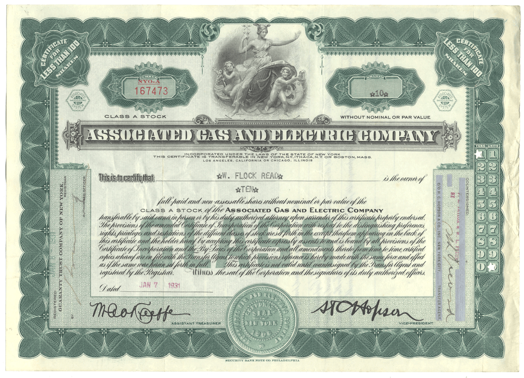 Associated Gas and Electric Company Stock Certificate