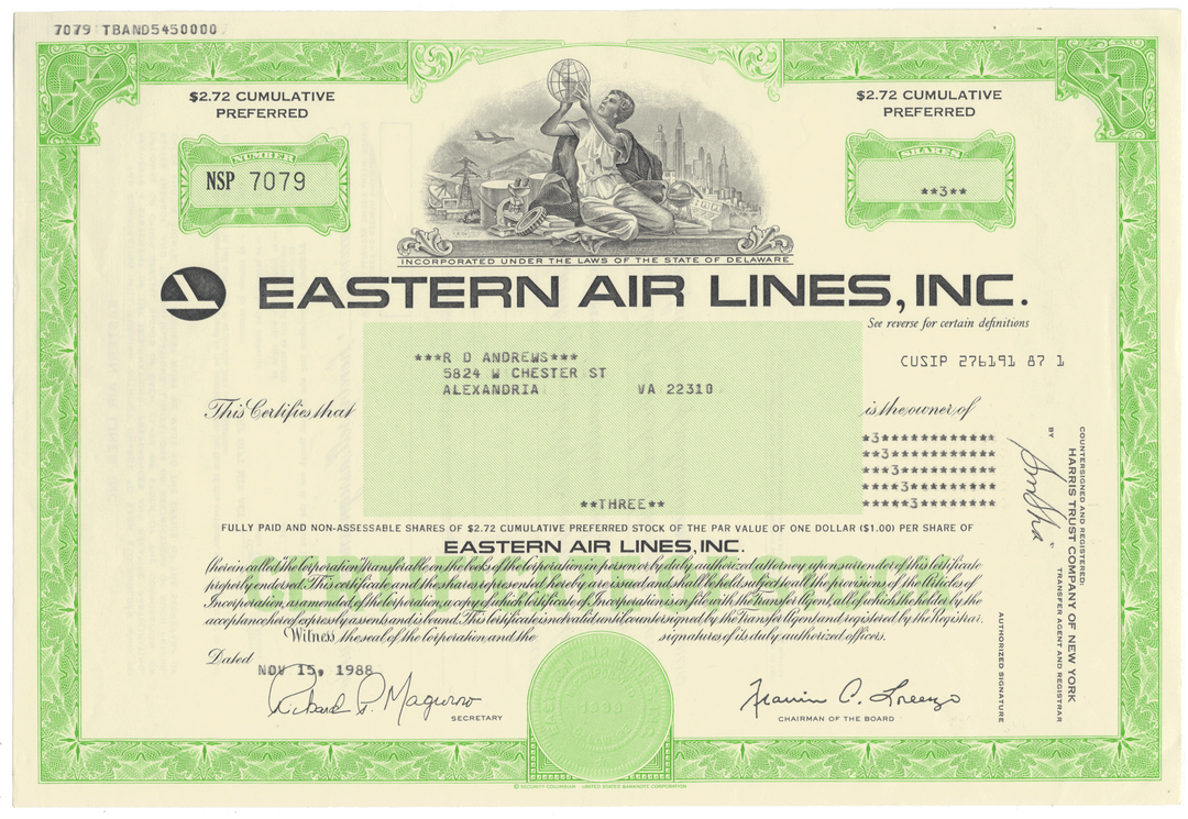 Eastern Air Lines, Inc. Stock Certificate