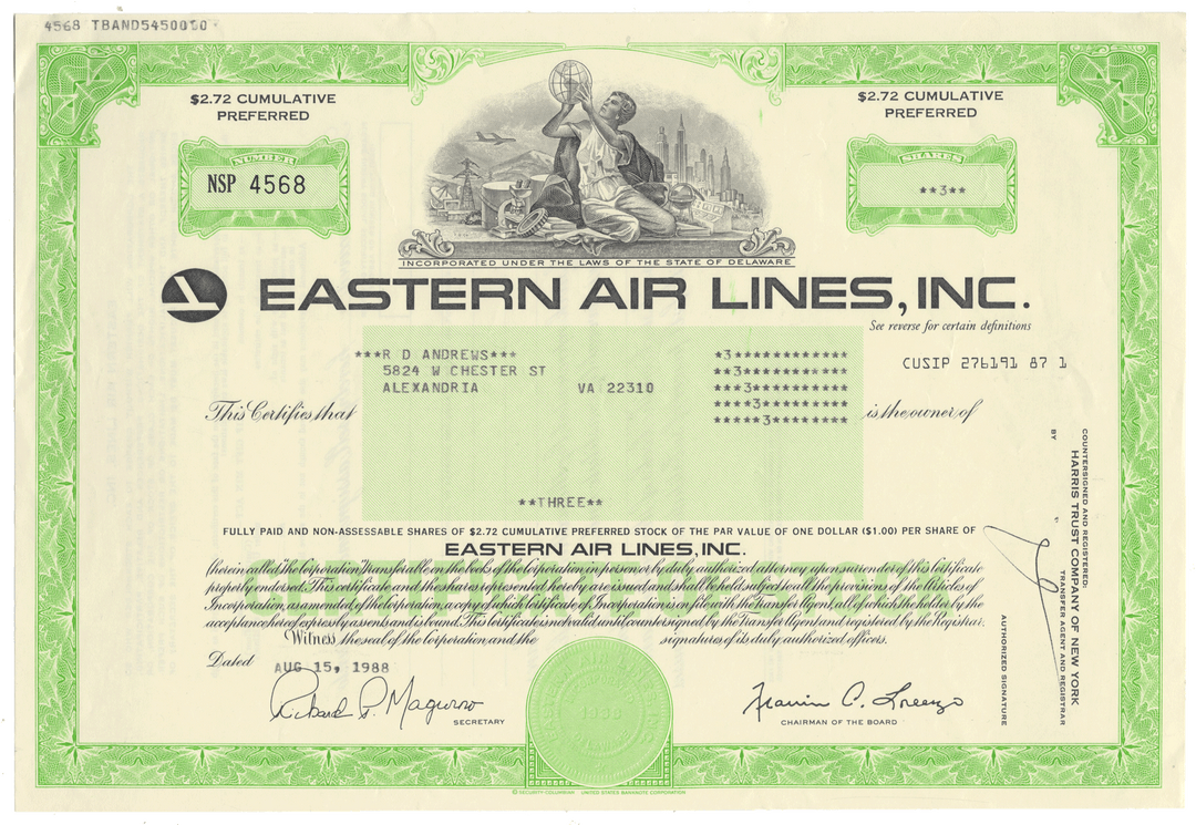 Stock certificate of Eastern Air Lines, Inc. with green border and text.