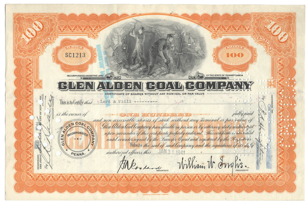 Glen Alden Coal Company stock certificate with decorative border and illustrations.