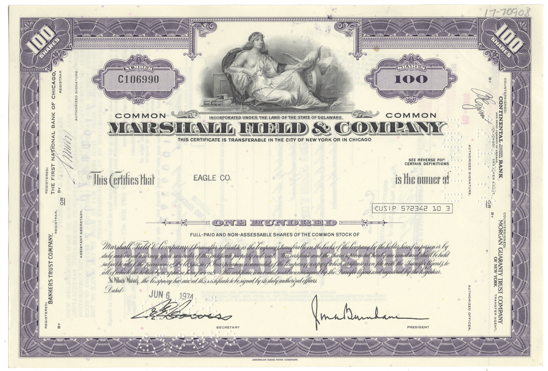 Vintage stock certificate for Marshall Field & Company with decorative elements and text.