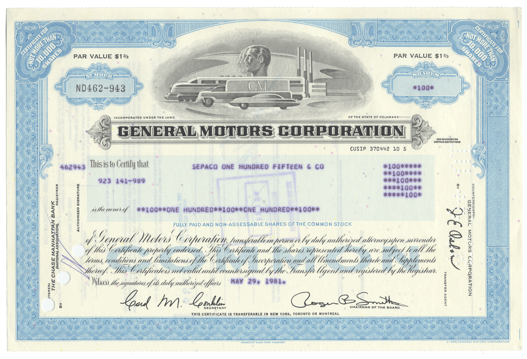 General Motors Corporation stock certificate with blue border and black text