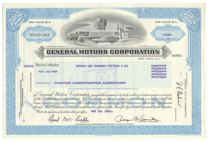 General Motors Corporation stock certificate with blue border and black text
