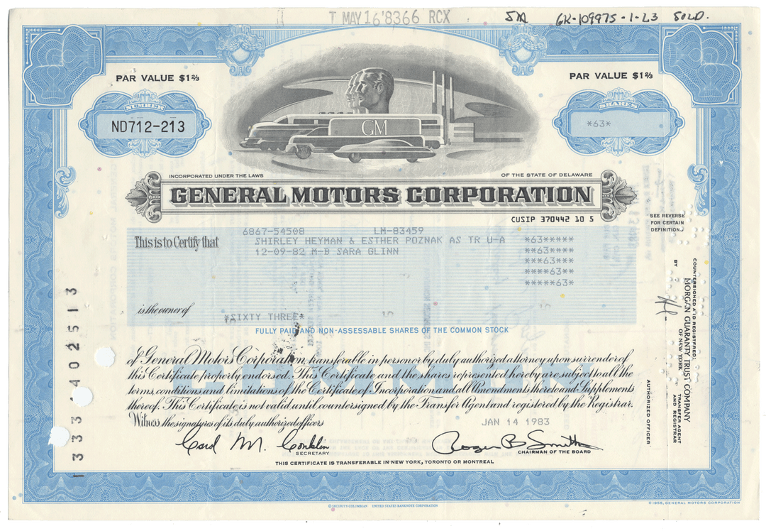 General Motors Corporation stock certificate with blue and white design