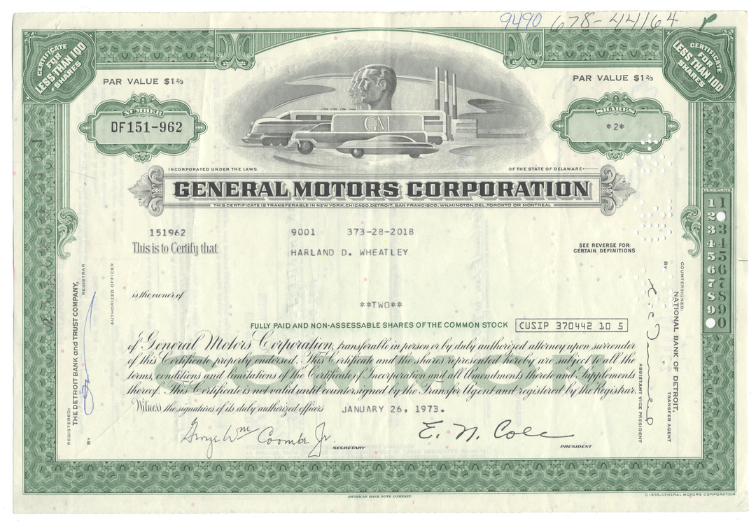 General Motors Corporation stock certificate with green border and detailed text.