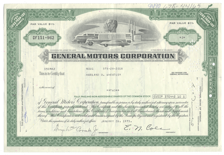 General Motors Corporation stock certificate with green border and detailed text.