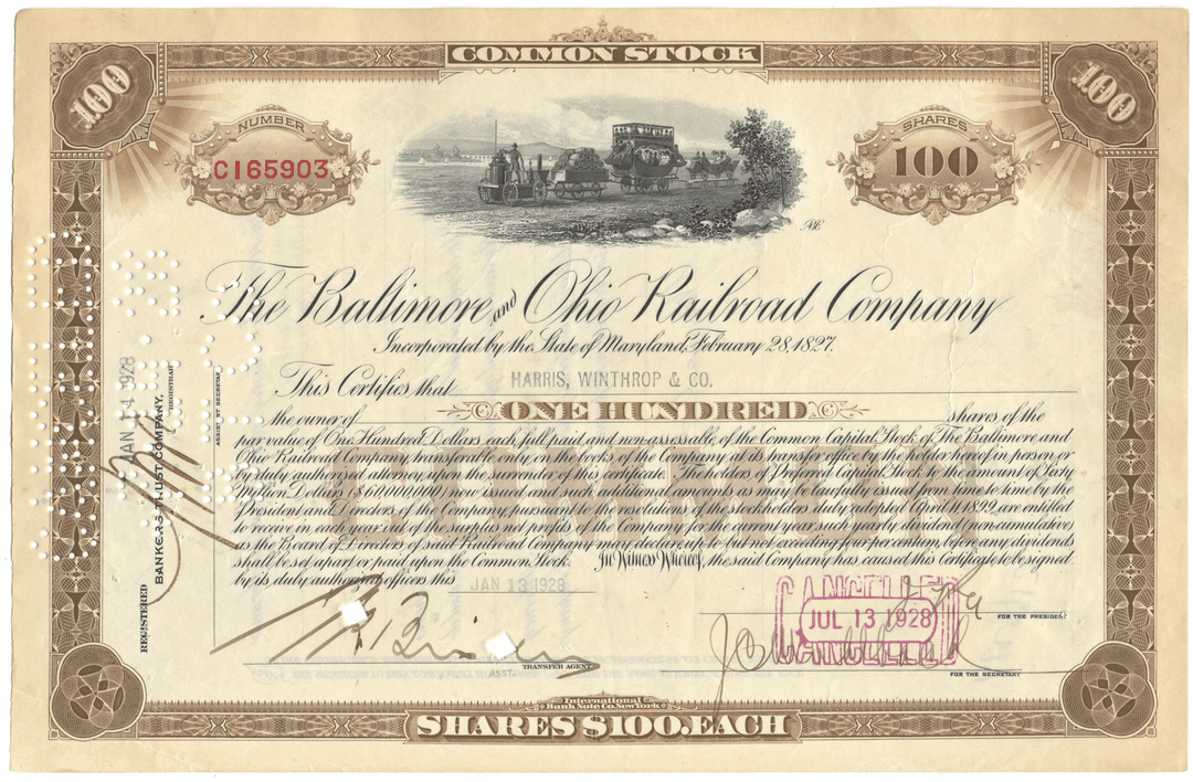 Baltimore and Ohio Railroad Company Stock Certificate from 1928