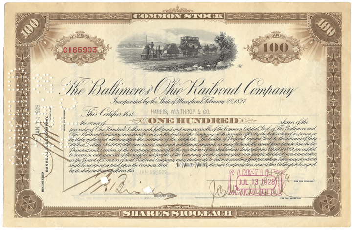Baltimore and Ohio Railroad Company Stock Certificate from 1928
