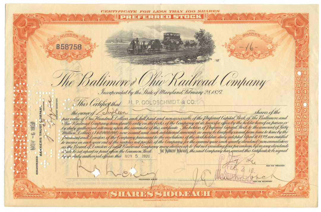 Baltimore and Ohio Railroad Company Stock Certificate from 1920