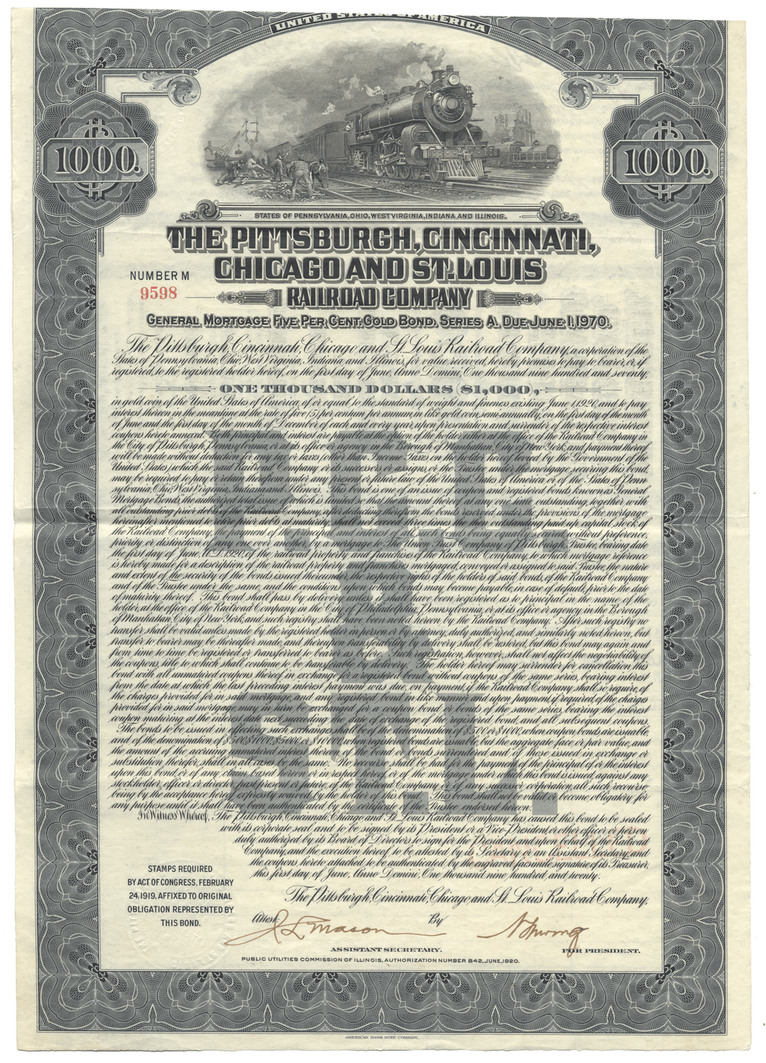 Pittsburgh, Cincinnati, Chicago and St. Louis Railroad Company Bond Certificate