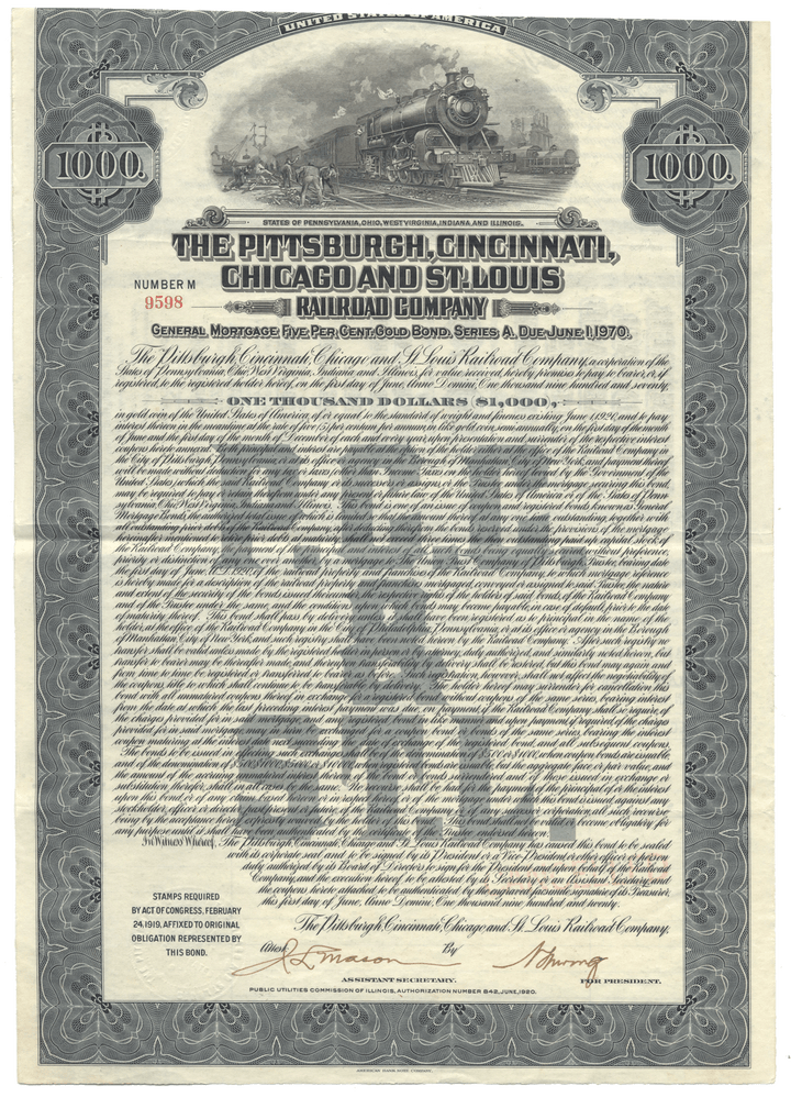 Pittsburgh, Cincinnati, Chicago and St. Louis Railroad Company Bond Certificate