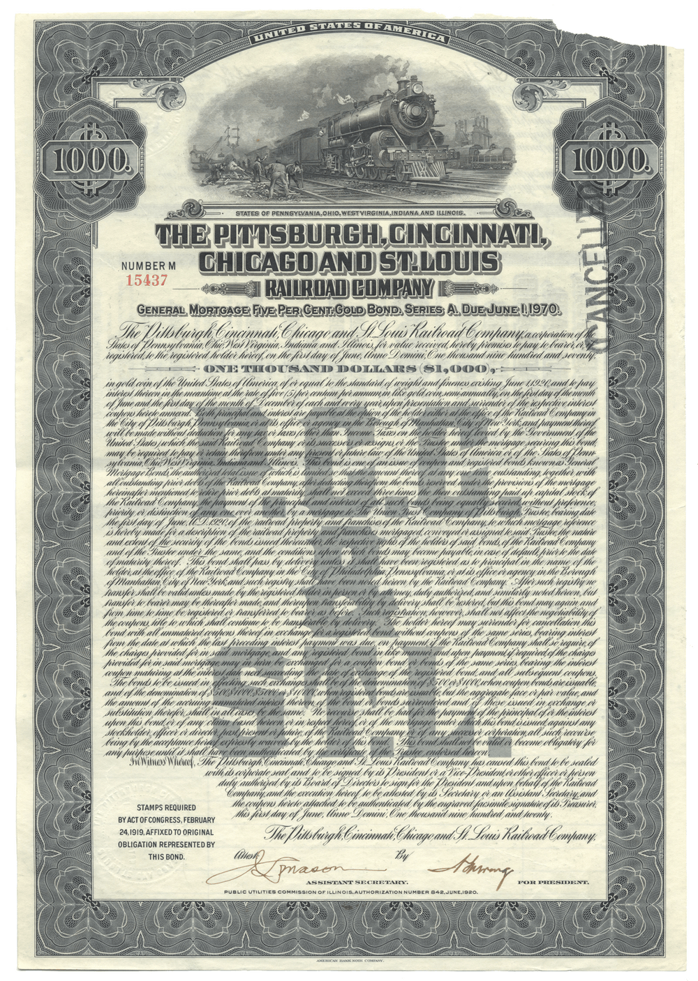 Pittsburgh, Cincinnati, Chicago and St. Louis Railroad Company Bond Certificate