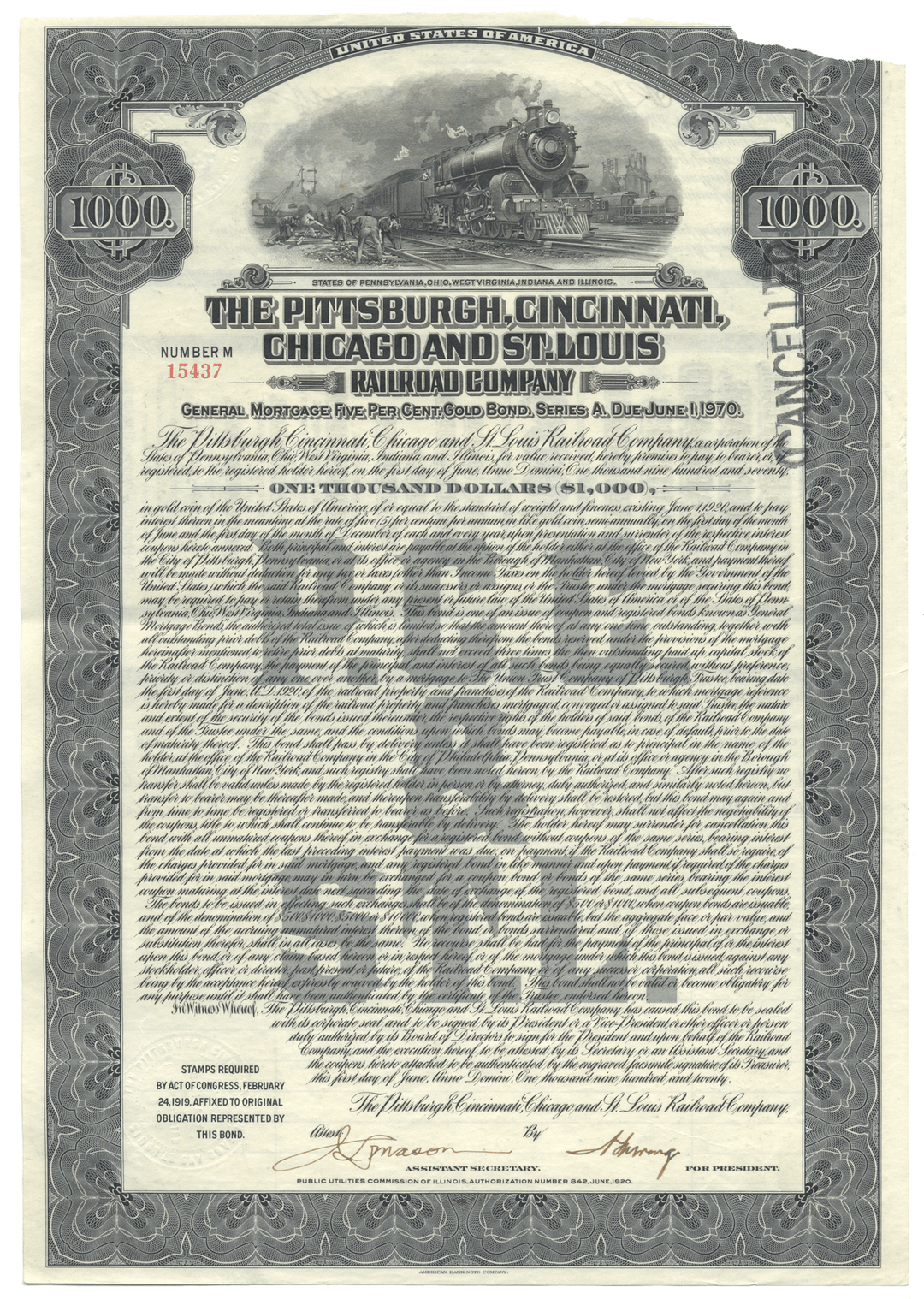 Pittsburgh, Cincinnati, Chicago and St. Louis Railroad Company Bond Certificate