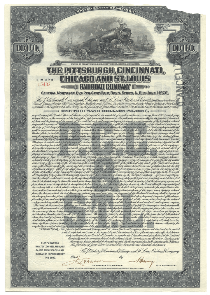 Pittsburgh, Cincinnati, Chicago and St. Louis Railroad Company Bond Certificate