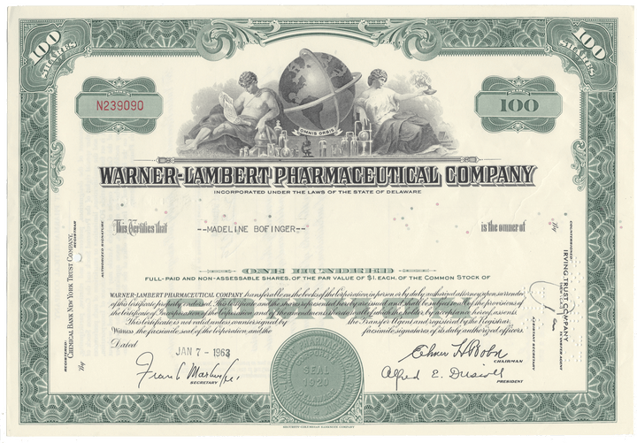 Stock certificate from Warner-Lambert Pharmaceutical Company with decorative elements and text.