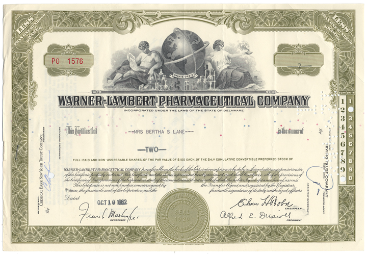 Warner-Lambert Pharmaceutical Company Stock Certificate