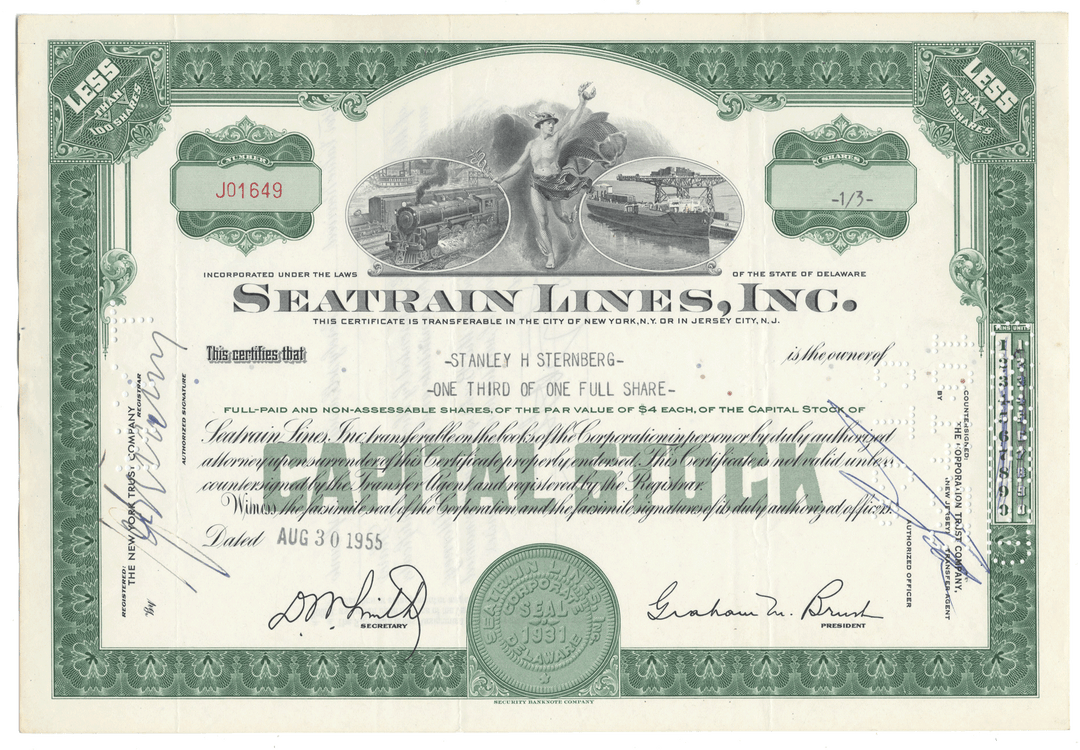 Share certificate from Seatrain Lines, Inc. with green border and text.