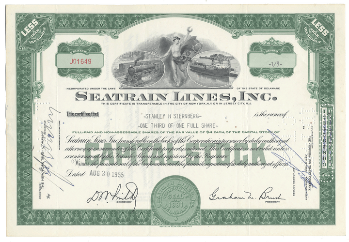 Share certificate from Seatrain Lines, Inc. with green border and text.