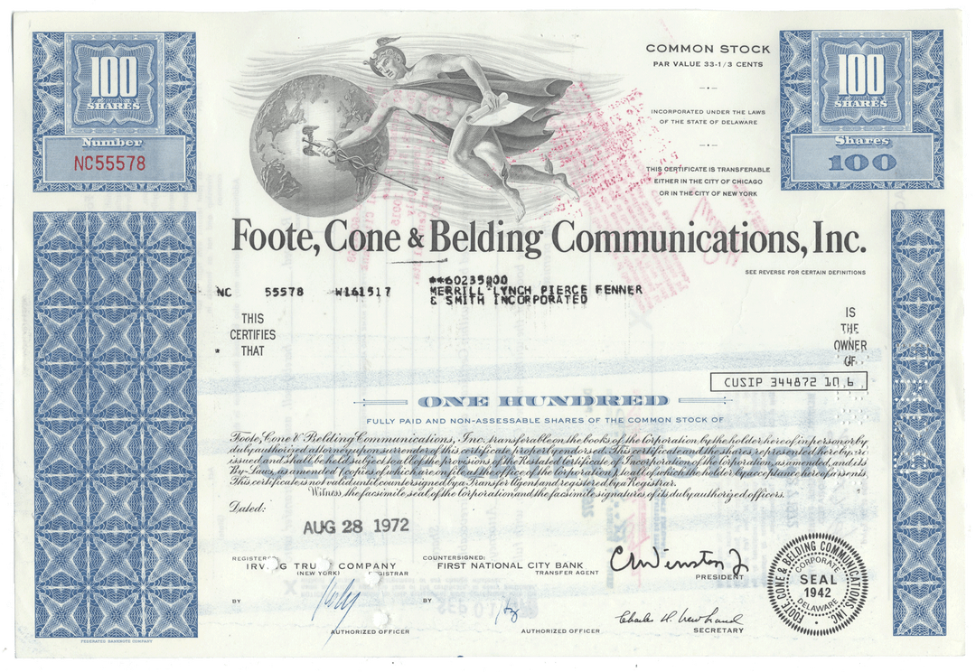 Foote, Cone & Belding Communications, Inc. Stock Certificate