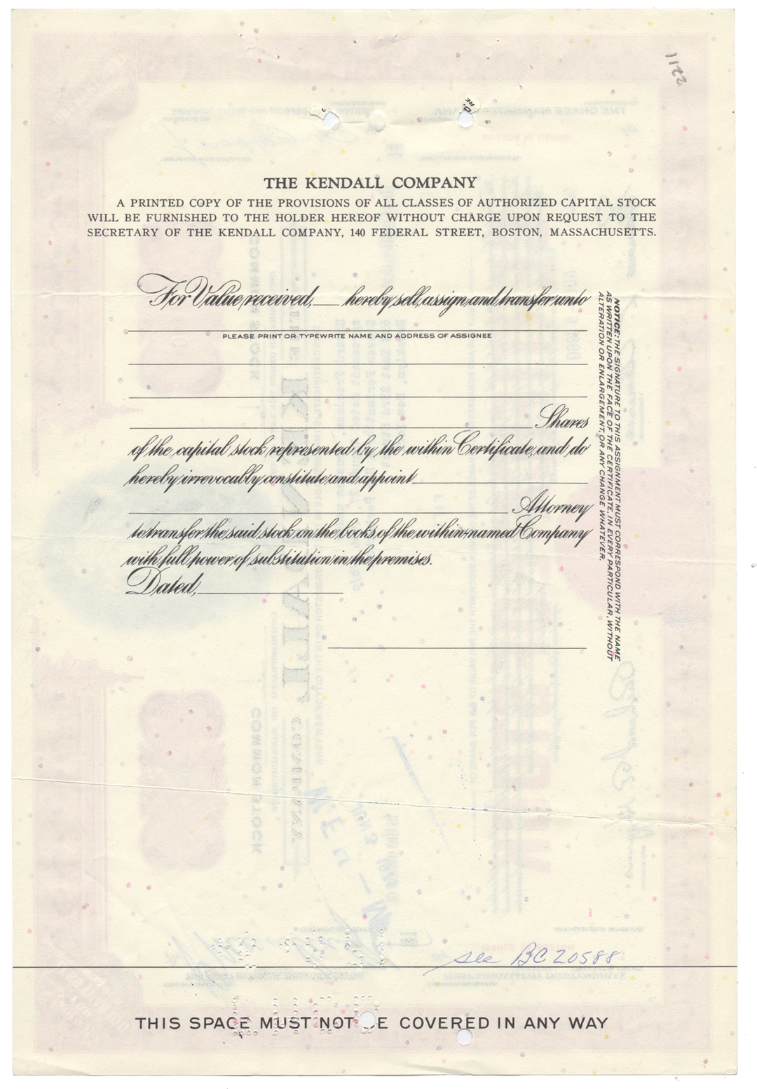 Kendall Company Stock Certificate