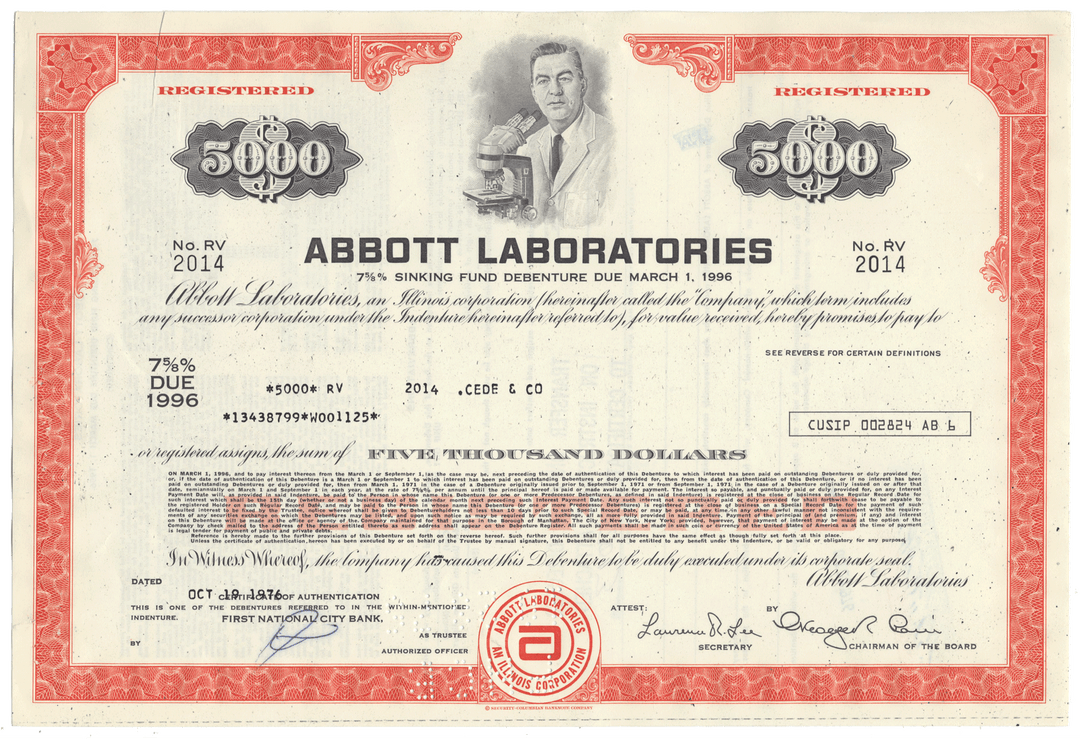 Vintage bond certificate from Abbott Laboratories with orange and white design.