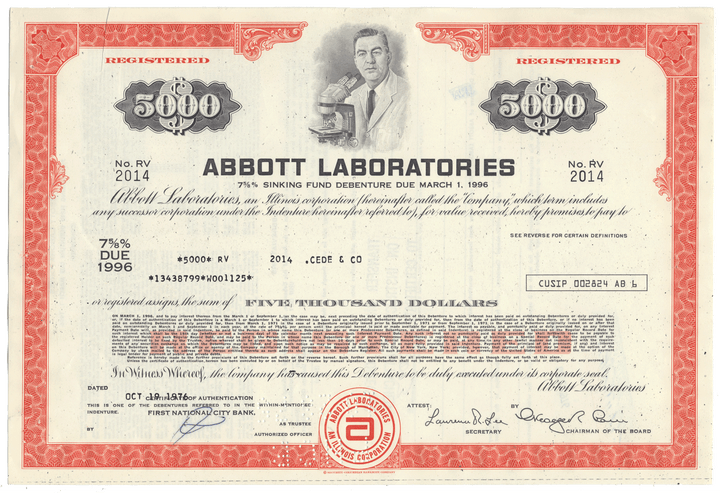 Vintage bond certificate from Abbott Laboratories with orange and white design.