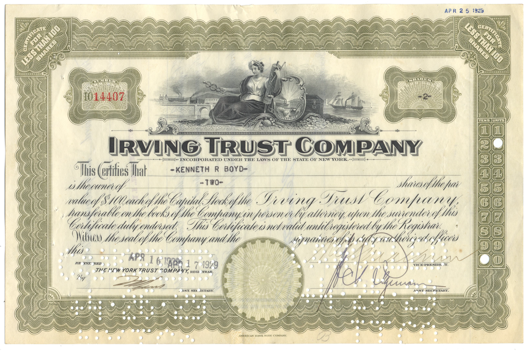Irving Trust Company Stock Certificate