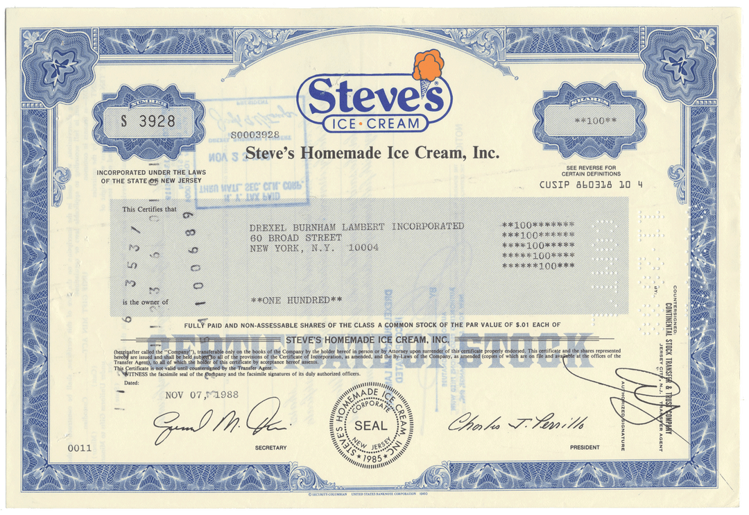 Steve's Homemade Ice Cream, Inc. Stock Certificate
