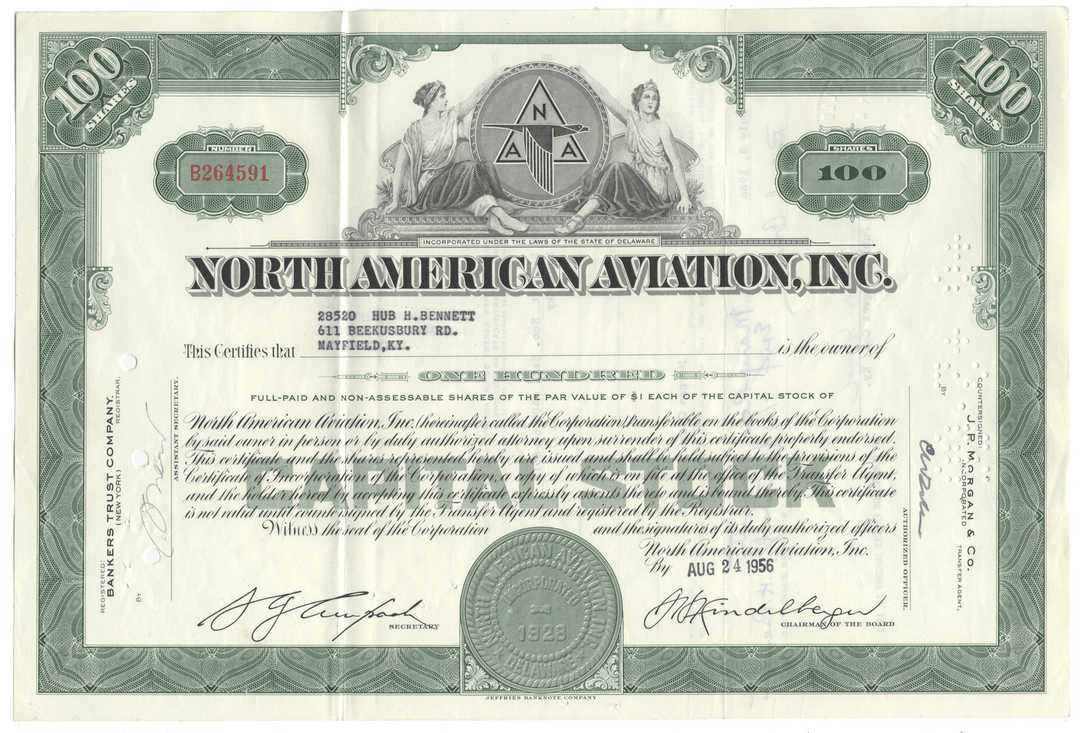 North American Aviation, Inc. stock certificate with green border and text