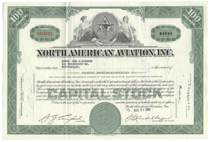North American Aviation, Inc. stock certificate with green border and text