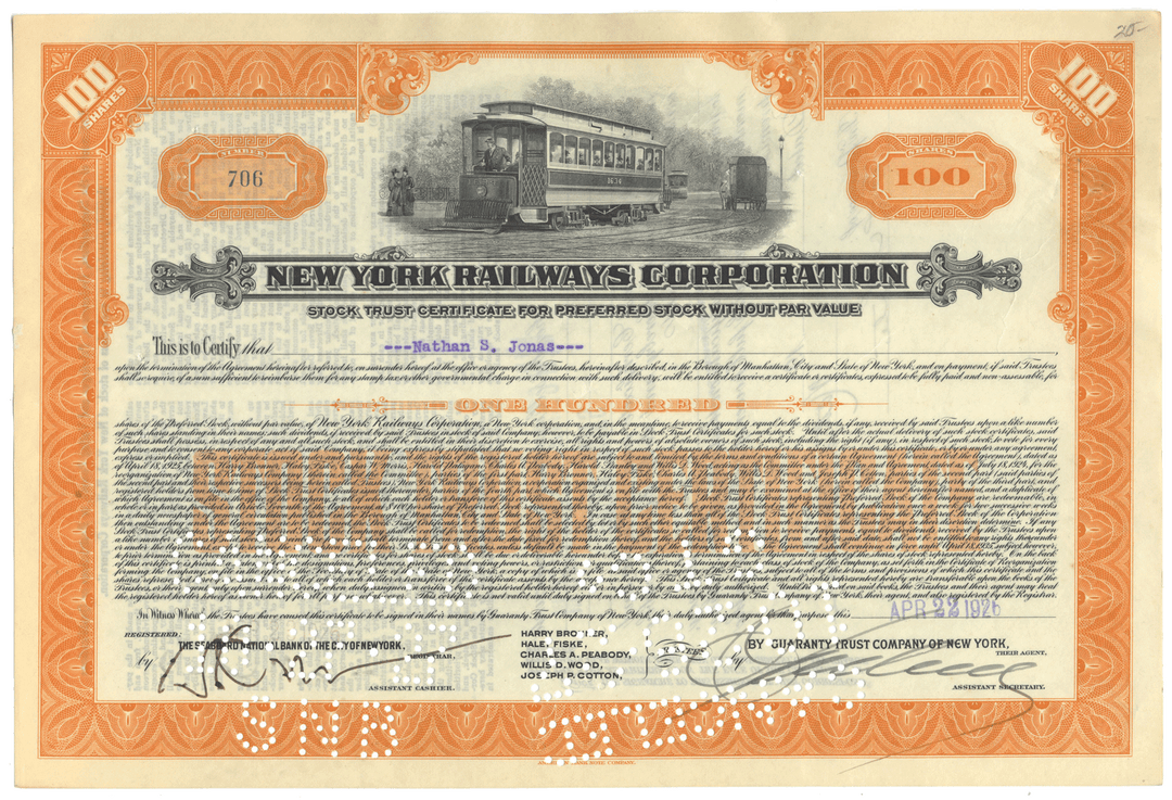 New York Railways Corporation stock certificate with trolley illustration