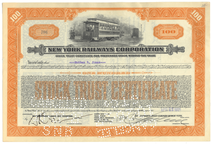New York Railways Corporation stock certificate with trolley illustration
