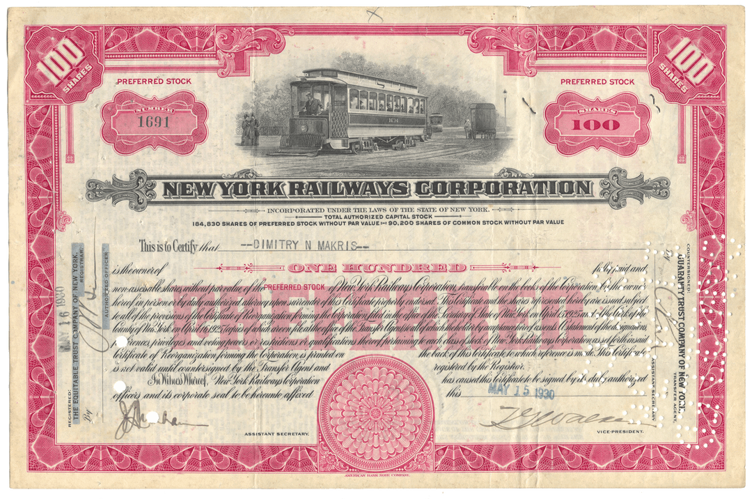New York Railways Corporation stock certificate with tram illustration
