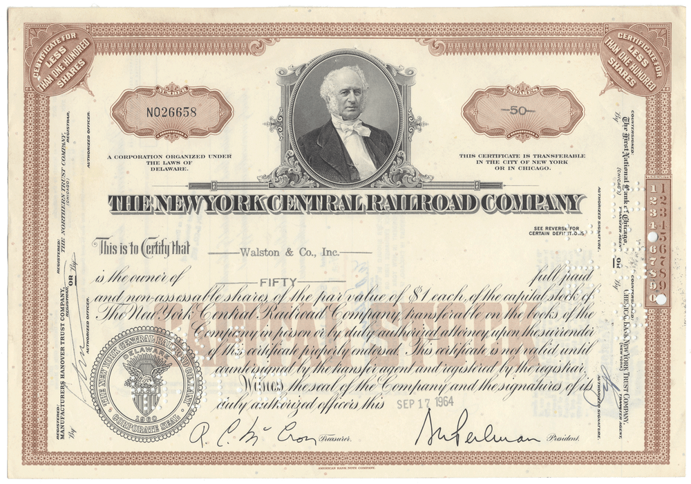 Vintage stock certificate of the New York Central Railroad Company with a portrait of a man.