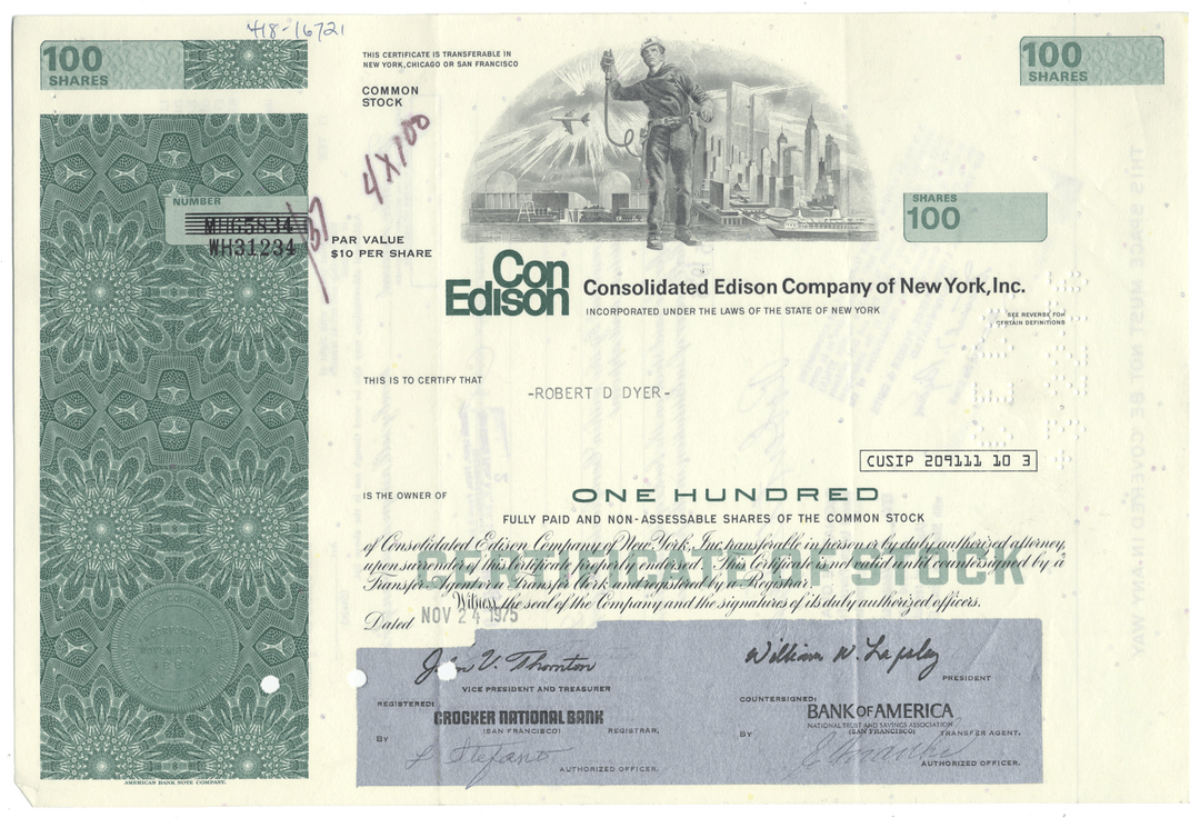 Stock certificate of Consolidated Edison Company of New York, Inc.