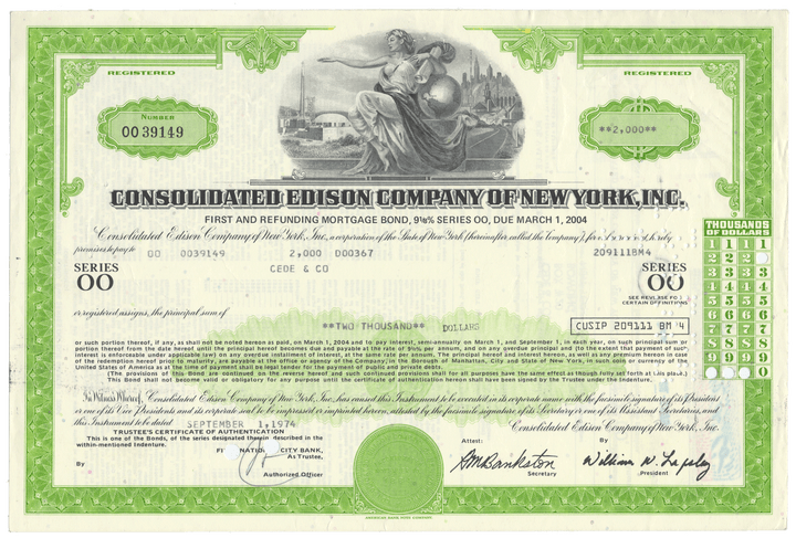 Historical bond certificate of Consolidated Edison Company of New York, Inc.