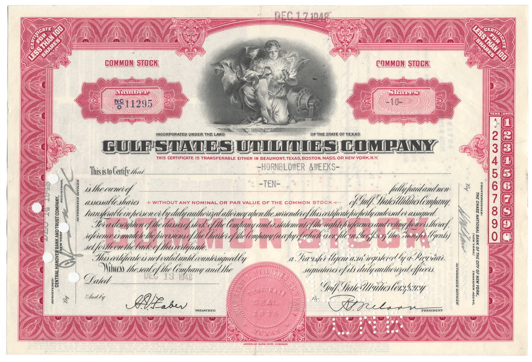Gulf States Utilities Company stock certificate with decorative elements and text.