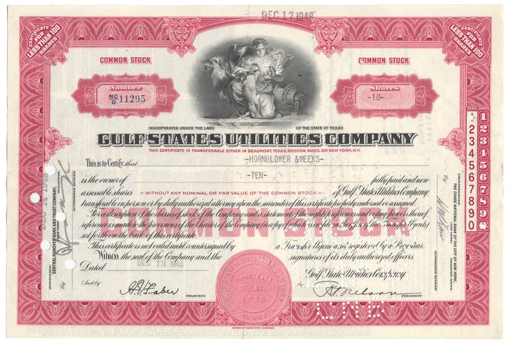 Gulf States Utilities Company stock certificate with decorative elements and text.