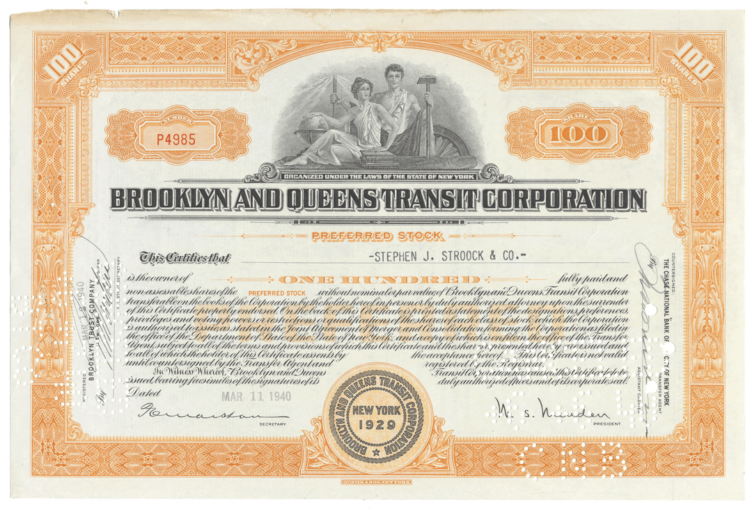 Brooklyn and Queens Transit Corporation stock certificate from 1940 with decorative elements and text.