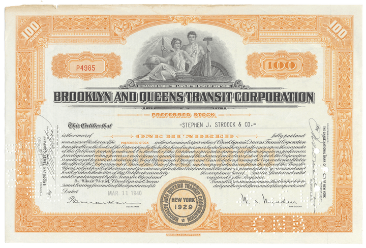 Brooklyn and Queens Transit Corporation stock certificate from 1940 with decorative elements and text.
