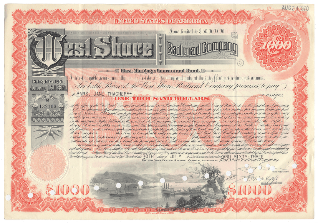 Vintage bond certificate from the West Shore Railroad Company with orange and black design.