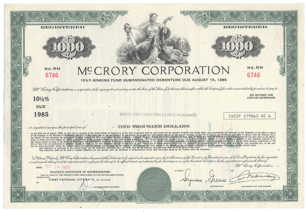 McCrory Corporation bond certificate with detailed text and design elements.