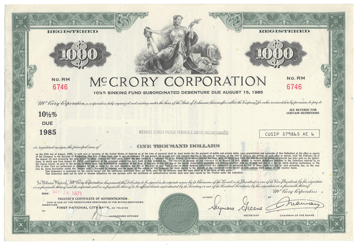 McCrory Corporation bond certificate with detailed text and design elements.
