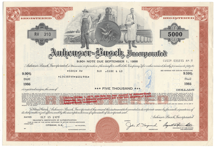 Anheuser-Busch bond certificate