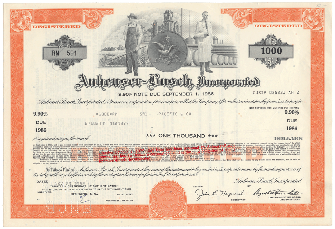 Anheuser-Busch bond certificate