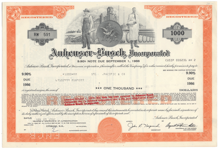 Anheuser-Busch bond certificate